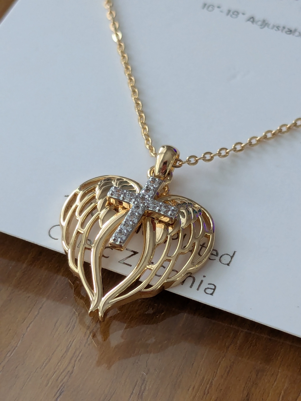 14kt Gold Plated Angel Wings Pendant Necklace with Crystal Cross - NEW